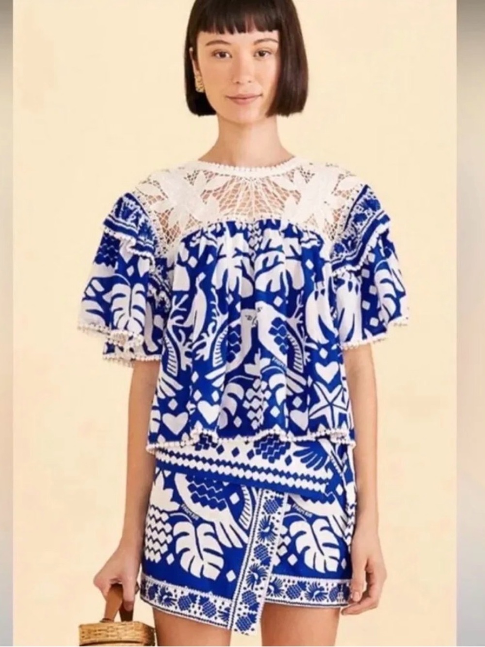 FARM Rio Jungle Scarf Crochet Yoke Flutter Sleeve Blouse